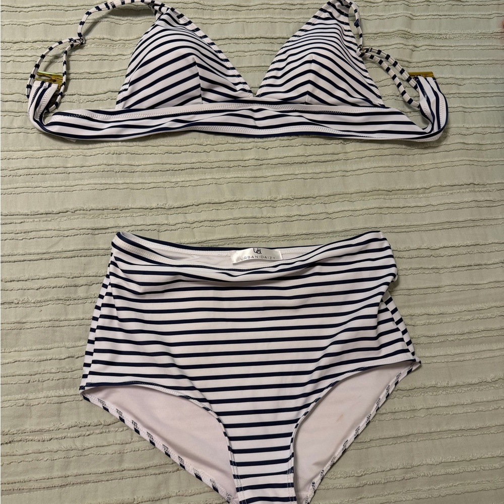 Striped Navy & White High-Waist Bikini Set